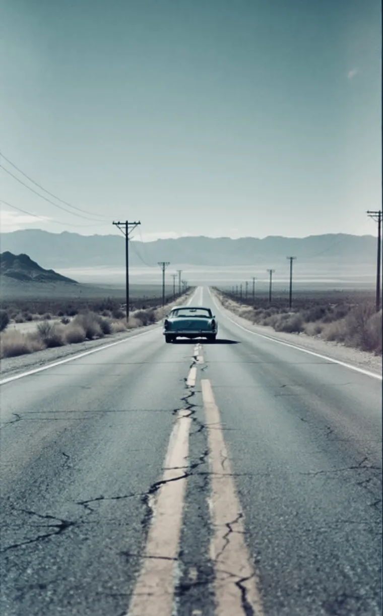 An old car driving down an empty desert highway toward the horizon